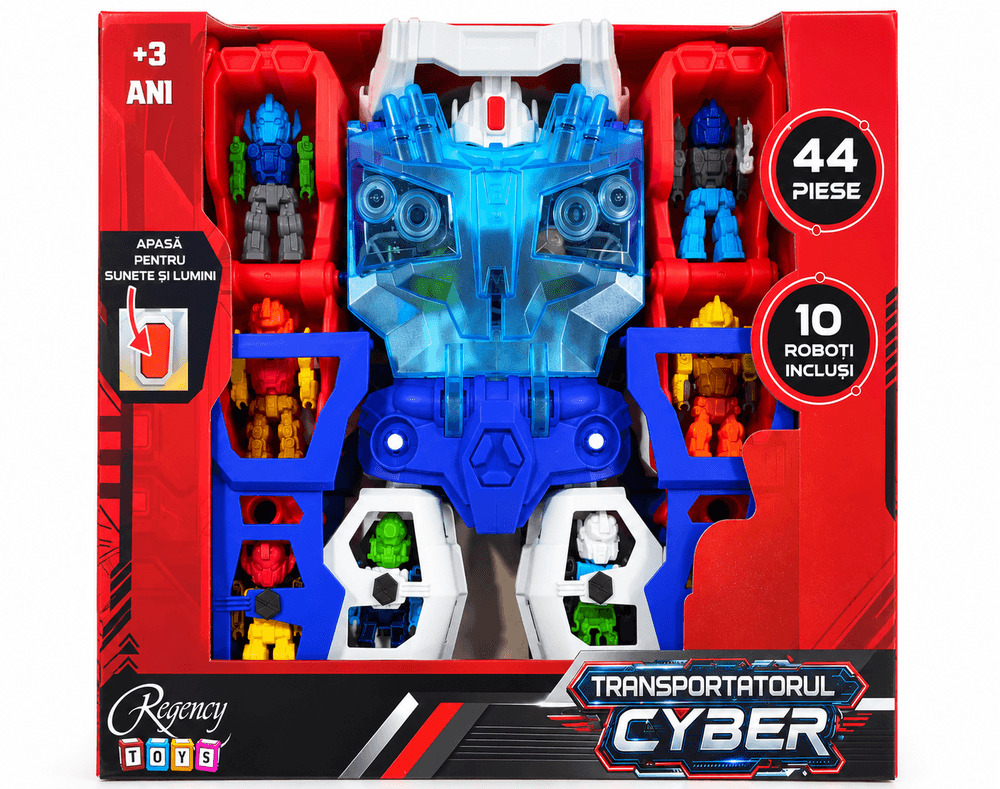 Robot transportator cu lumini, sunete si 10 mini roboti, 44 piese, Multicolor