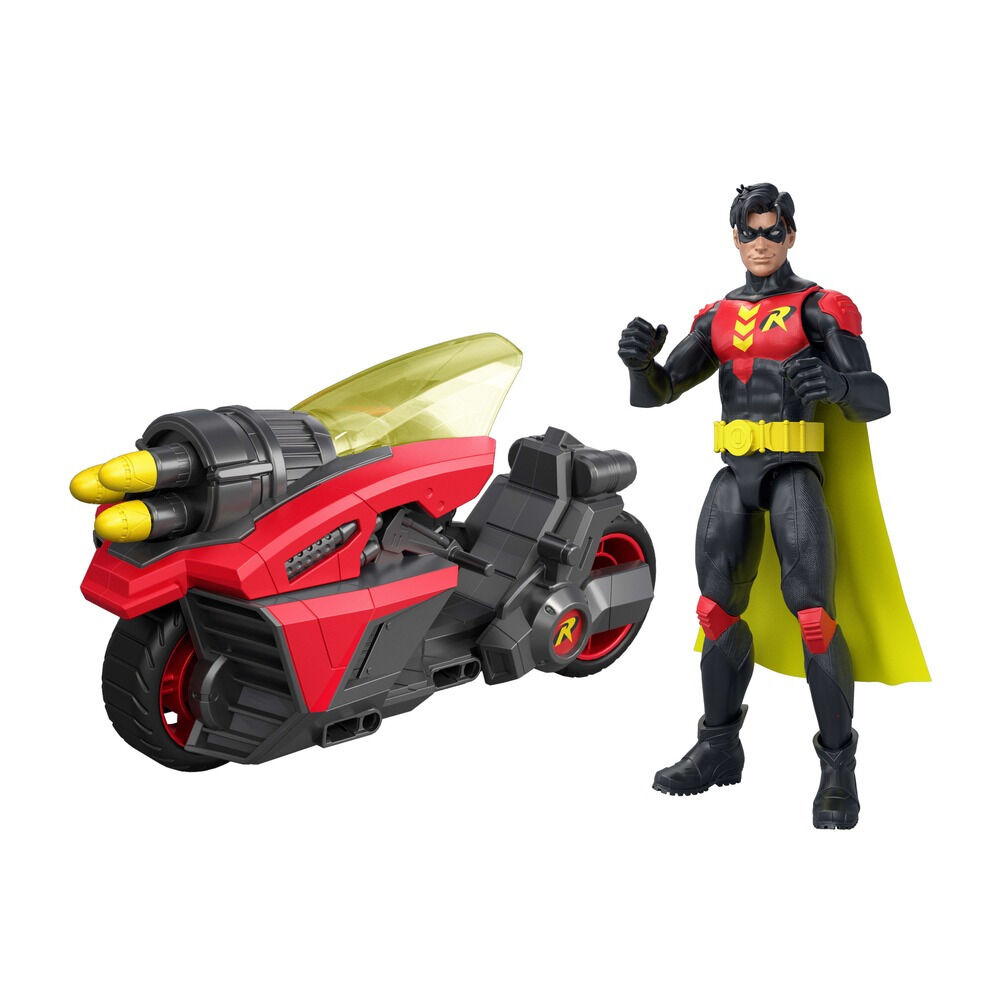 Set cu figurina si motocicleta cu lansator de proiectile DC Premier Robin JMD51, Multicolor