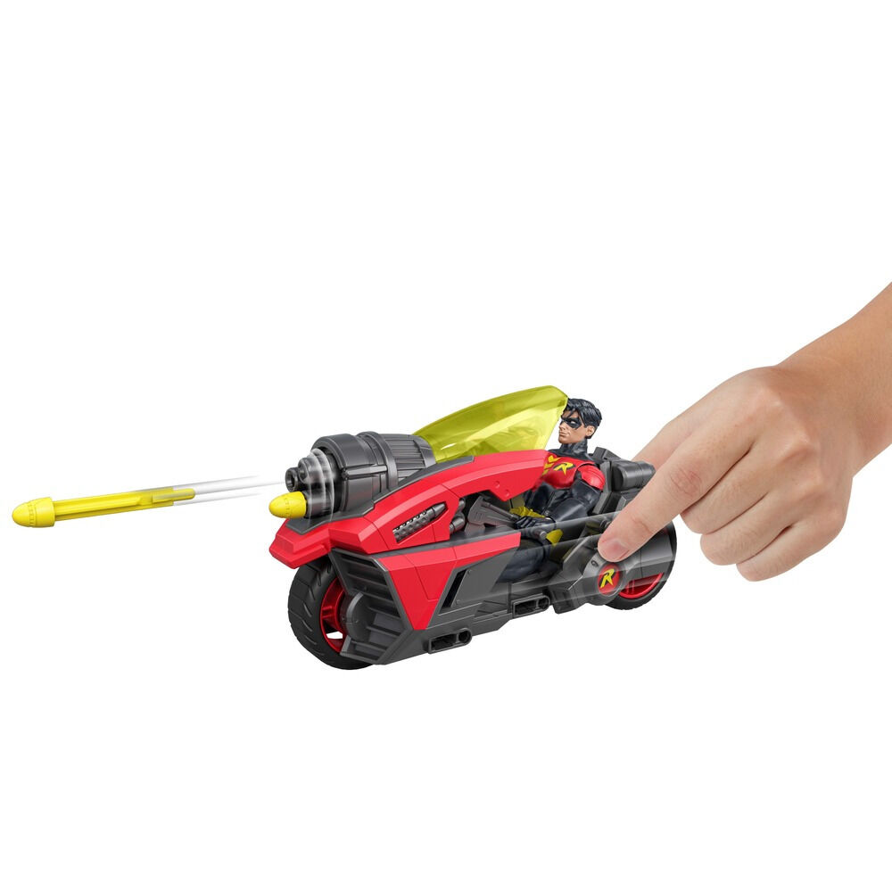Set cu figurina si motocicleta cu lansator de proiectile DC Premier Robin JMD51, Multicolor