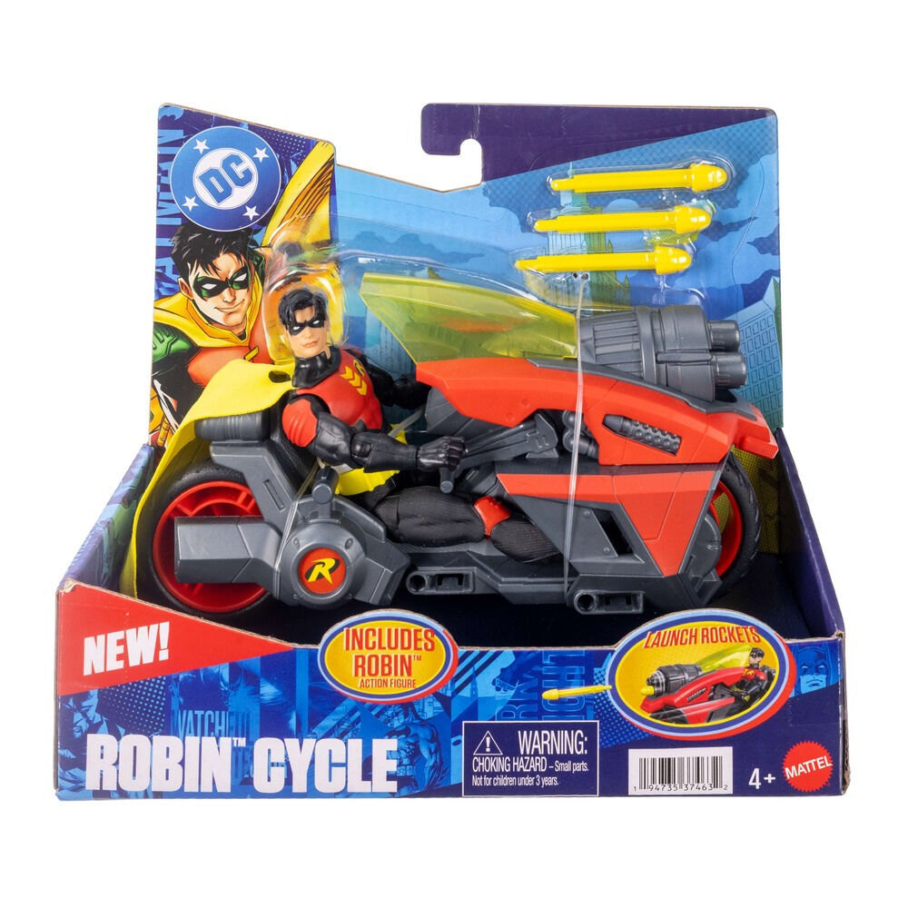 Set cu figurina si motocicleta cu lansator de proiectile DC Premier Robin JMD51, Multicolor
