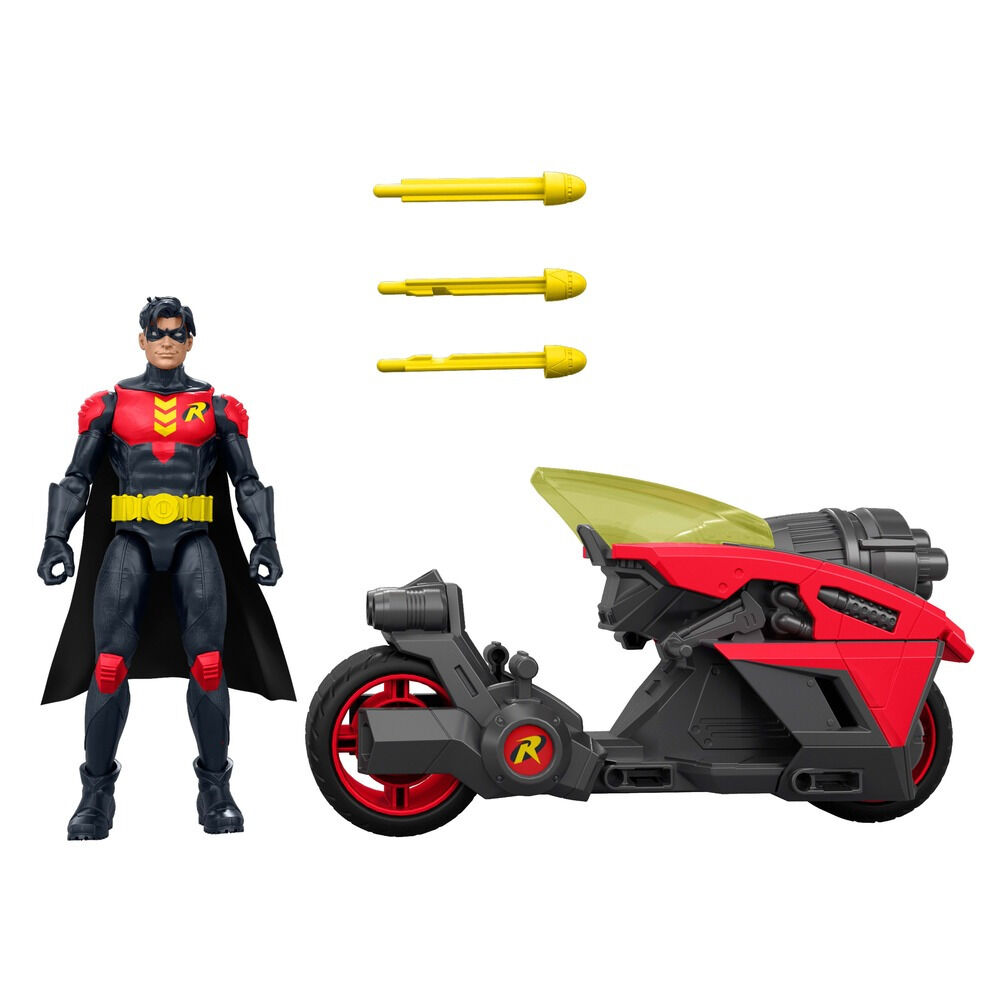 Set cu figurina si motocicleta cu lansator de proiectile DC Premier Robin JMD51, Multicolor