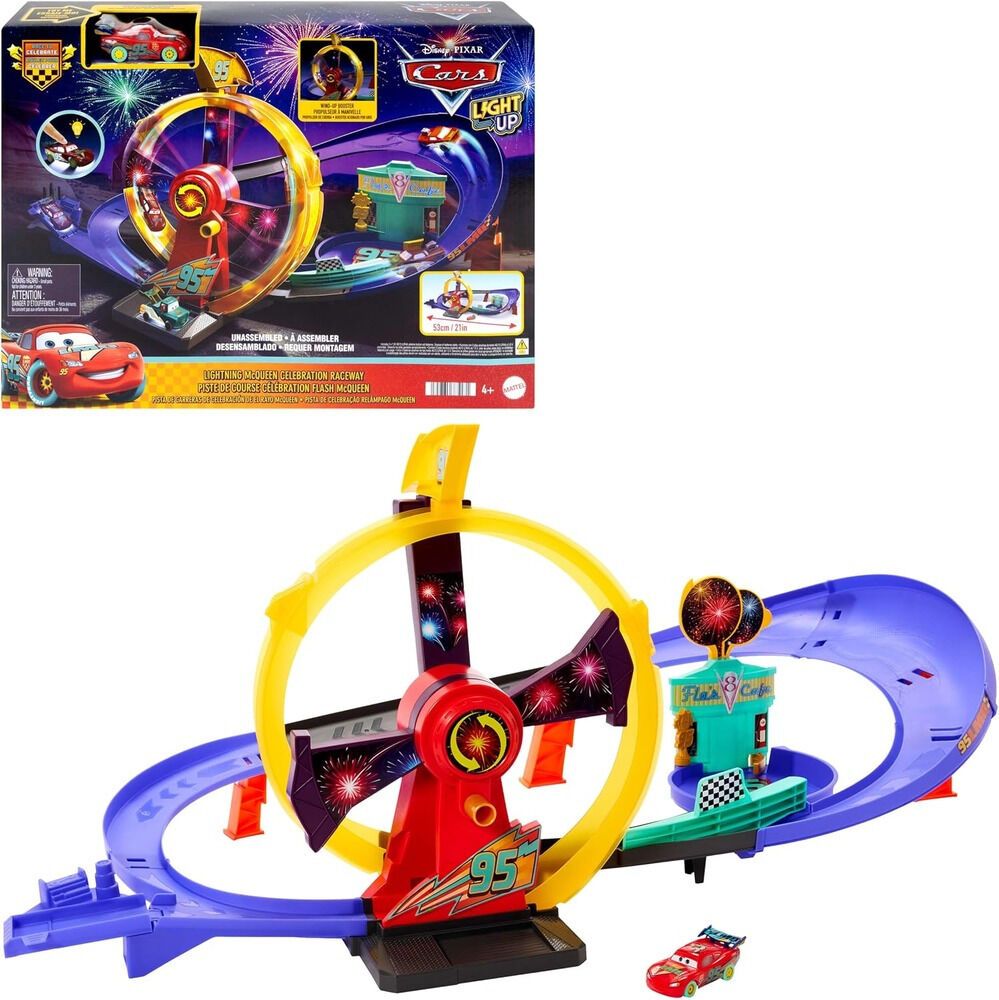 Set cu masinuta Disney Cars Race To Celebrate Pista iluminata Lightning Mcqueen JMT57, Multicolor