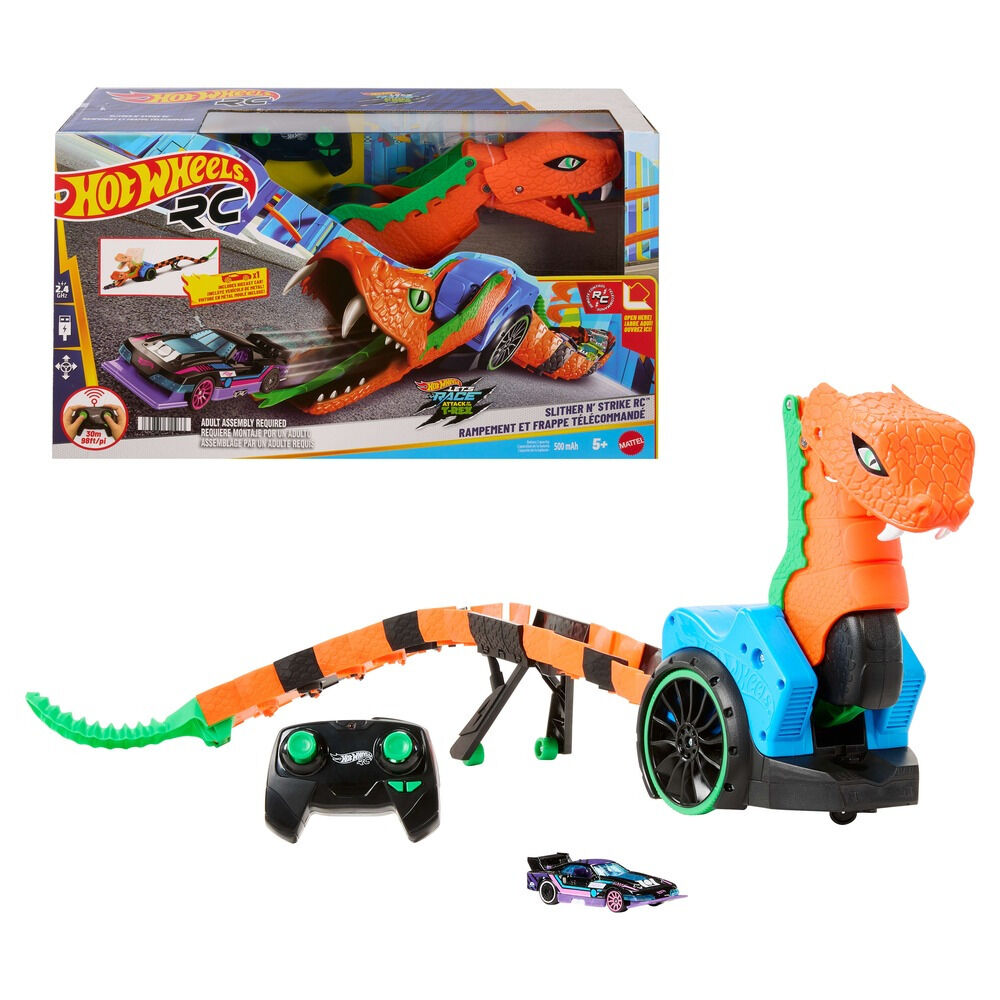 Vehicul cu telecomanda Hot Wheels Let's Race Slither 'n Strike JGD11, masinuta inclusa, Multicolor