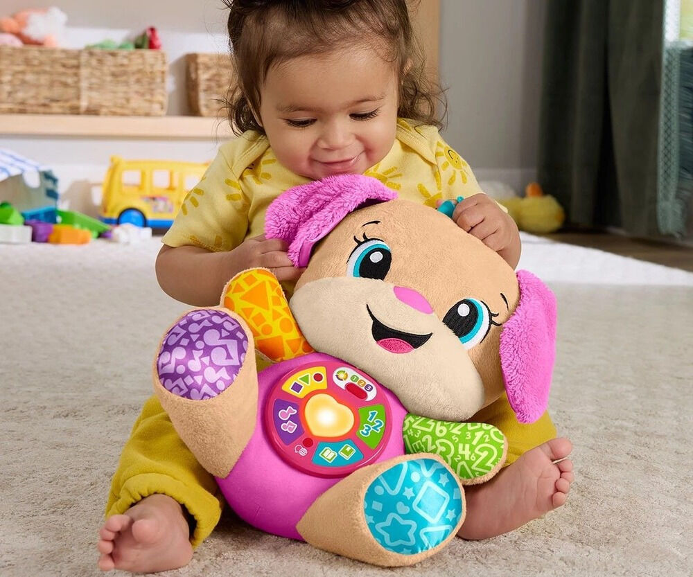 Catelusa interactiva cu urechi roz Fisher-Price Rade si invata, Multicolor