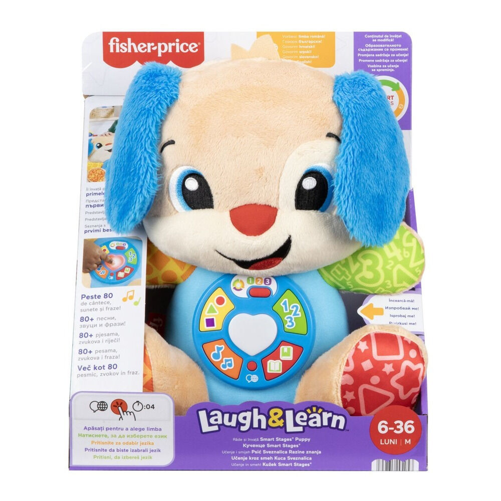 Catel interactiv cu urechi albastre Fisher Price Rade si invata, Multicolor