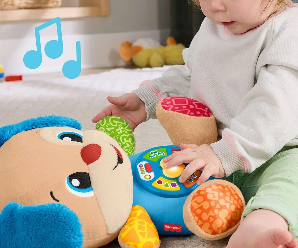 Catel interactiv cu urechi albastre Fisher Price Rade si invata, Multicolor