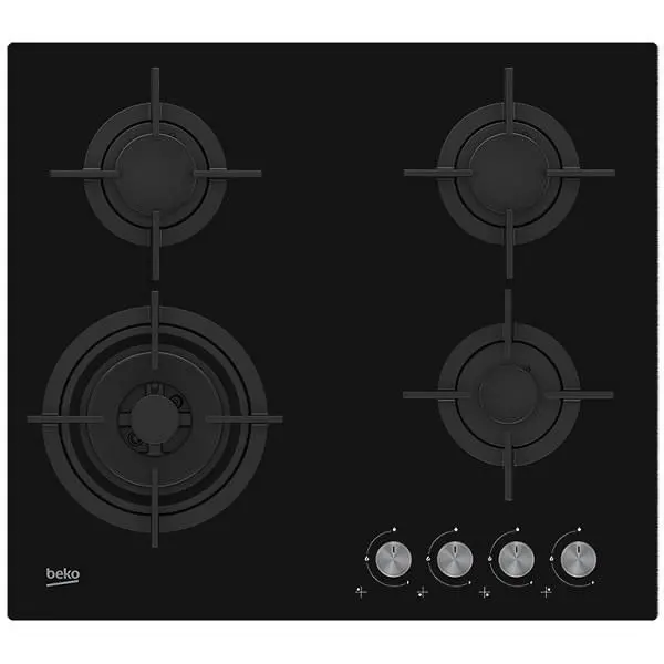 Plita incorporabila Beko HILW64222S, Gaz, 4 arzatoare, Gratar fonta, Sticla Neagra