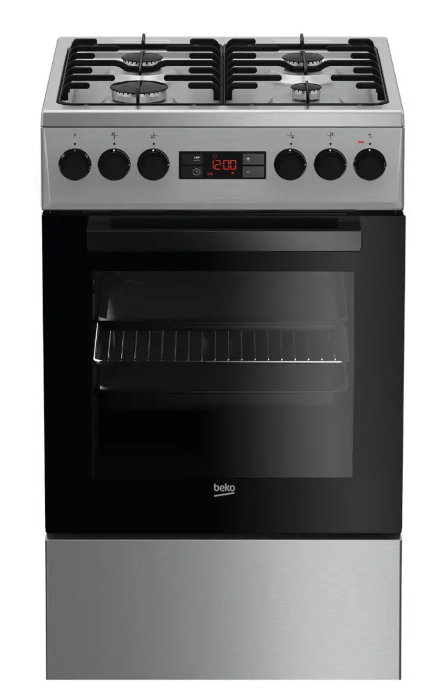 Aragaz mixt Beko FSMT52320DXO, 4 arzatoare gaz, Aprindere electrica, Cuptor electric, Grill, Rotisor, Clasa A, Inox