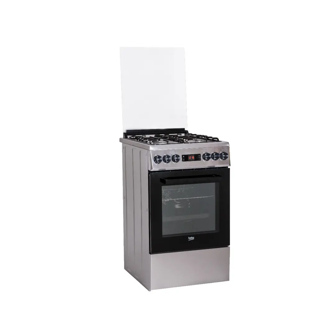Aragaz mixt Beko FSMT52320DXO, 4 arzatoare gaz, Aprindere electrica, Cuptor electric, Grill, Rotisor, Clasa A, Inox