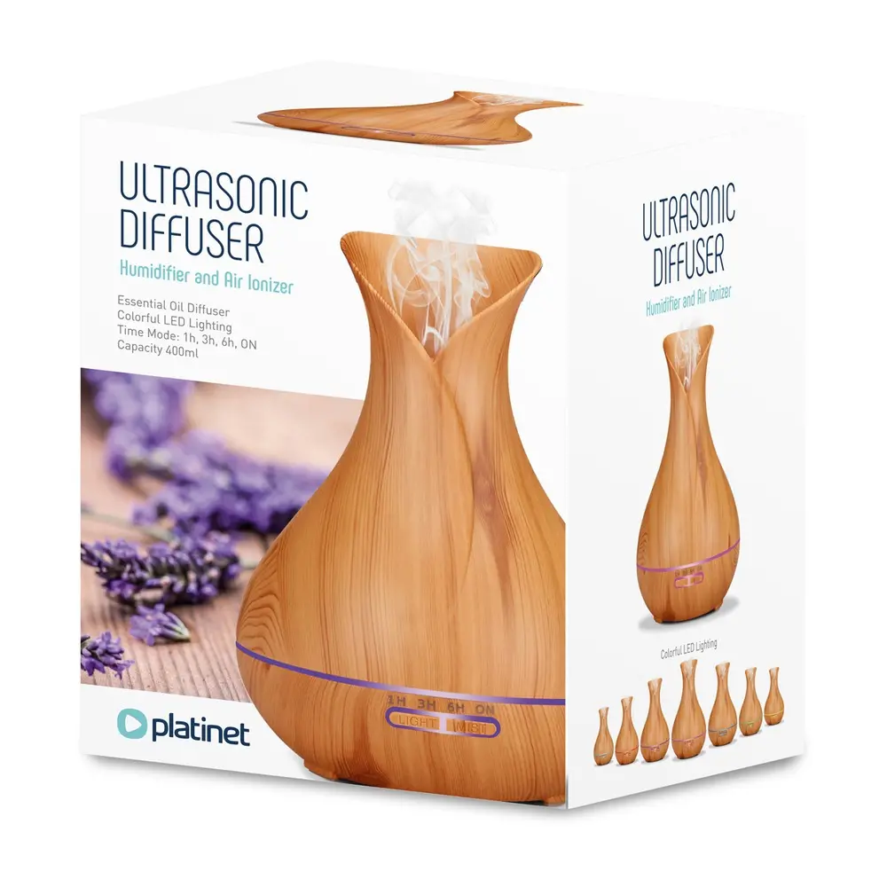 Umidificator cu difuzor de aroma Platinet PADYM010LW, cu ulei esential de lavanda 10 ml, 400 ml, Maro deschis