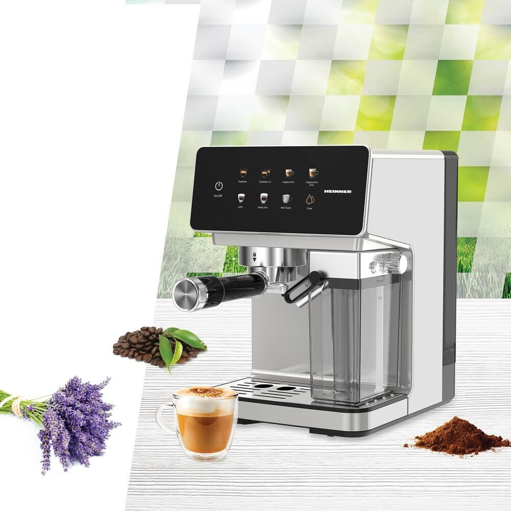 Espressor digital cu rezervor lapte Heinner Creamyblend HEM-LK20DMLK, 1350W, 20 bar, Argintiu