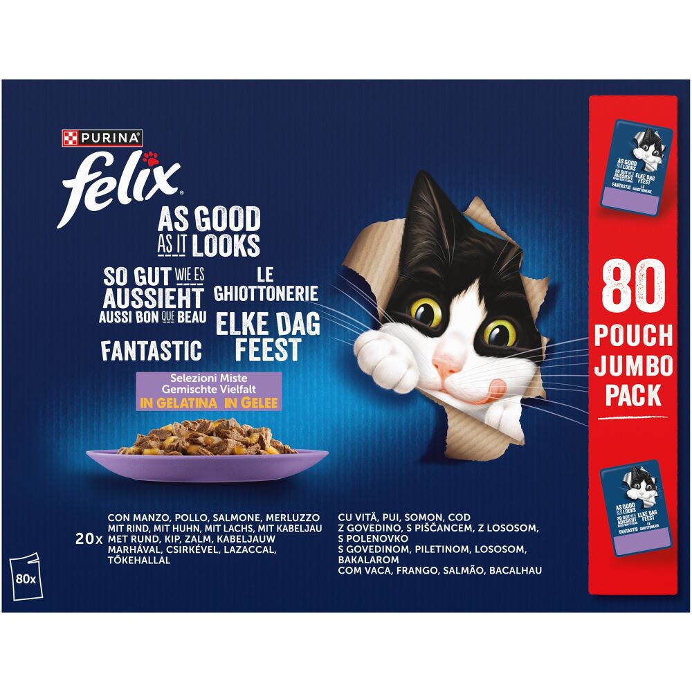 Felix Fantastic Selectie Mixta, Hrana Umeda Pentru Pisici Cu Cod, Somon, Vita, Pui, In Aspic, 80X85G