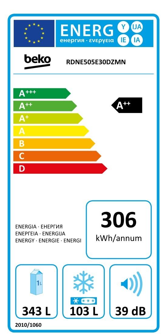 Frigider cu doua usi Beko RDNE505E30DZMN, 446 Litri, Clasa F, Dispenser apa, Neo frost, Gri