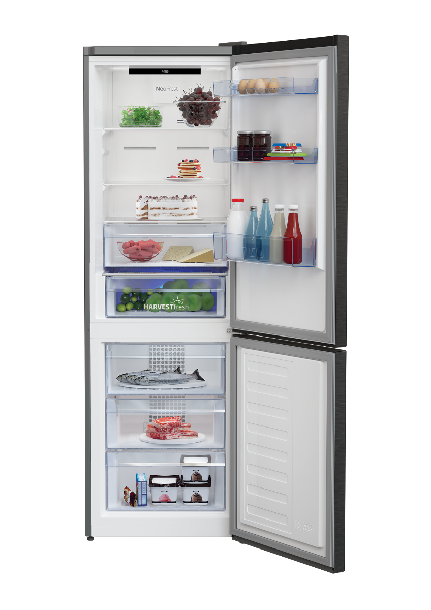 Combina frigorifica Beko, RCNA366E40ZXBRN, 324 Litri, H 185.2cm, Clasa E, Gri, HarvestFresh, Neofrost Dual Cooling, Everfresh+