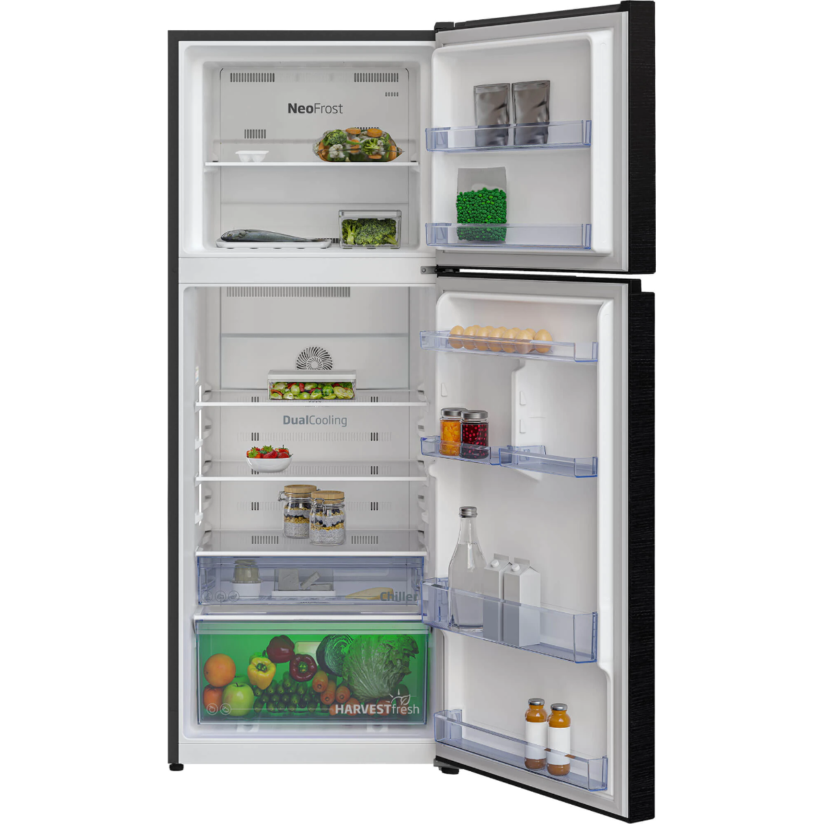 Frigider cu doua usi Beko RDNT401I30WBN, 375 Litri, NeoFrost Dual Cooling, HarvestFresh, Display touch control, Clasa F, H 172 cm, Negru