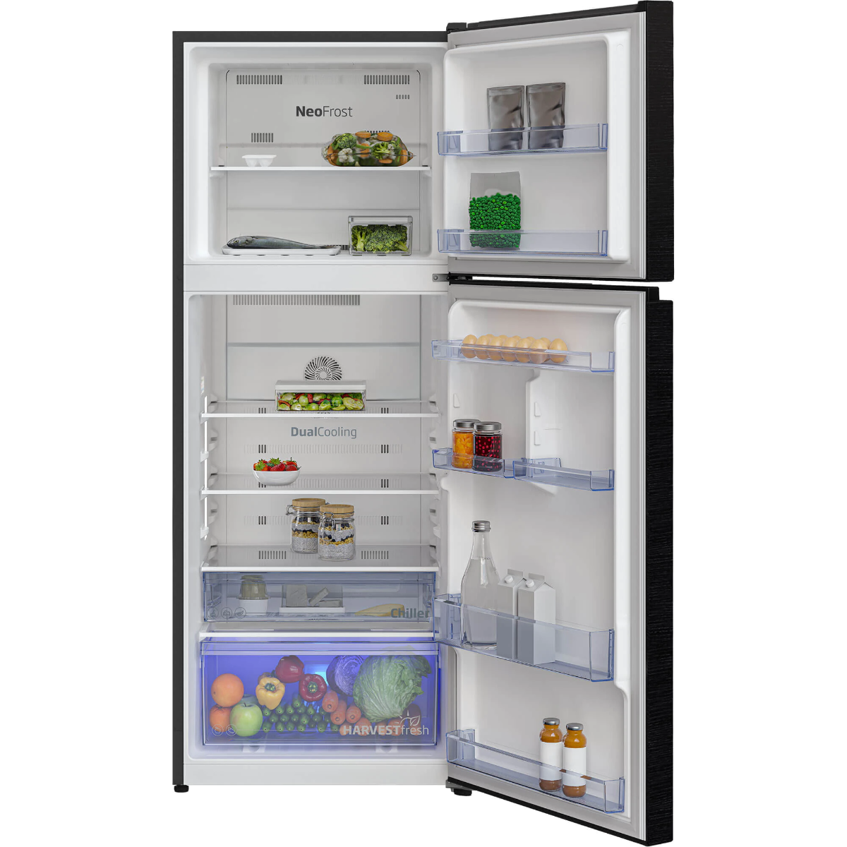 Frigider cu doua usi Beko RDNT401I30WBN, 375 Litri, NeoFrost Dual Cooling, HarvestFresh, Display touch control, Clasa F, H 172 cm, Negru