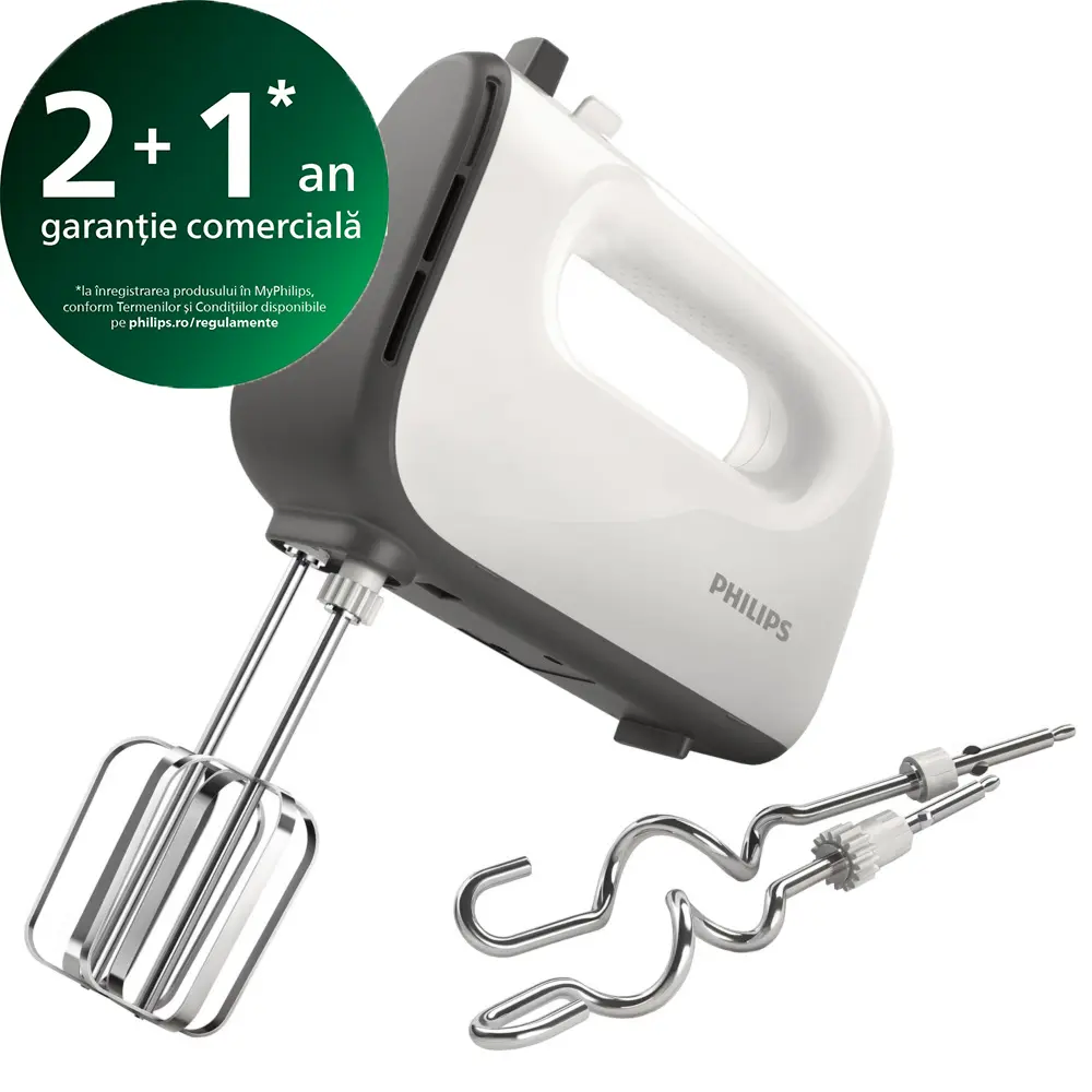 Mixer de mana Philips Viva Collection HR3740/00, 5 viteze, Turbo, 450 W, Alb / Gri