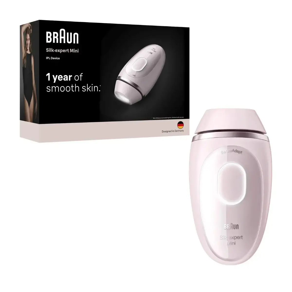Epilator IPL Braun Silk-expert Mini PL1100, SensoAdapt, 300.000 impulsuri, 3 niveluri de intensitate, Corp si Fata, Alb / Roz