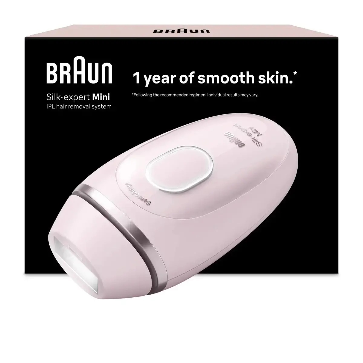 Epilator IPL Braun Silk-expert Mini PL1100, SensoAdapt, 300.000 impulsuri, 3 niveluri de intensitate, Corp si Fata, Alb / Roz