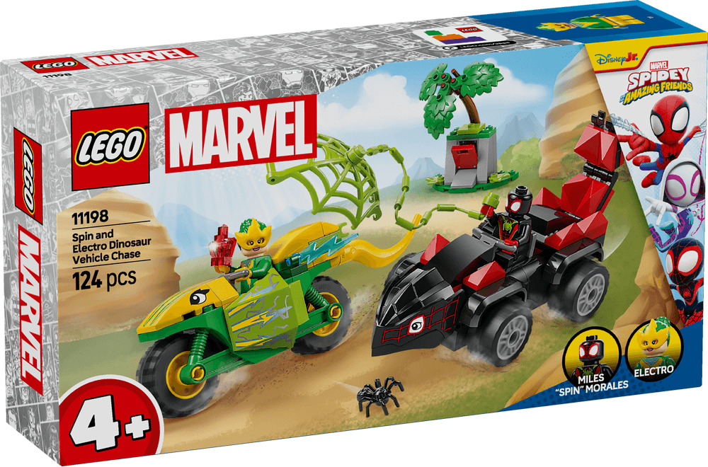 LEGO Marvel Paienjenelul Marvel si prietenii lui uimitori Spin si Electro intr-o urmarire cu dino-vehicule 11198