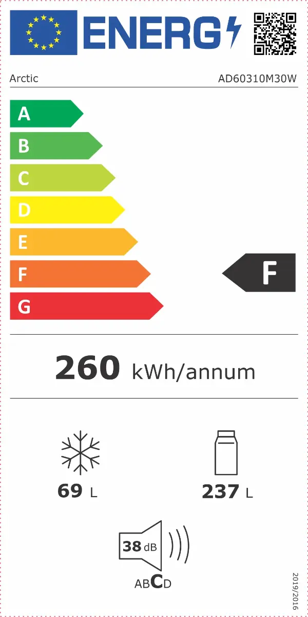 Frigider cu doua usi  Arctic AD60310M30W, 306 Litri, H 175cm, Clasa F, Alb