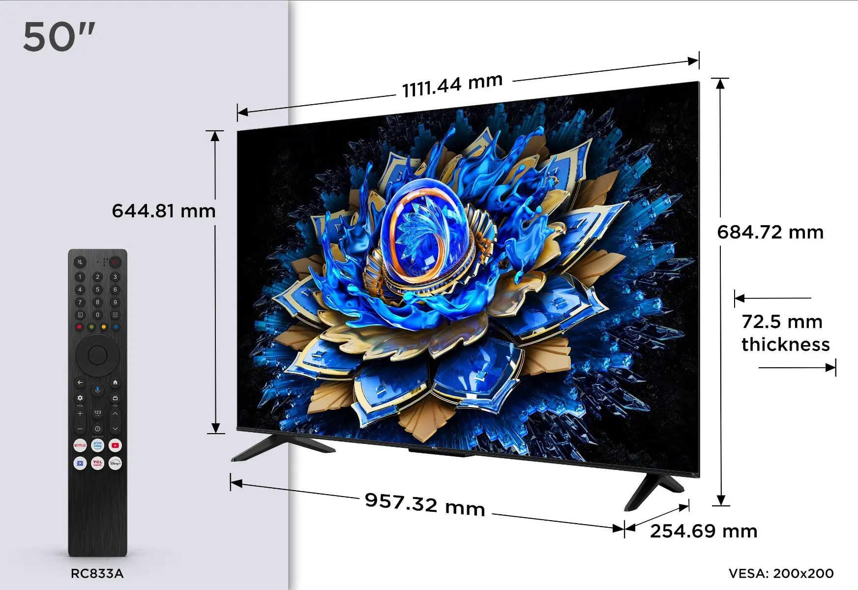 Televizor Smart QLED TCL 50T69C, 126 cm, Google TV, 4K Ultra HD, Clasa F, Negru