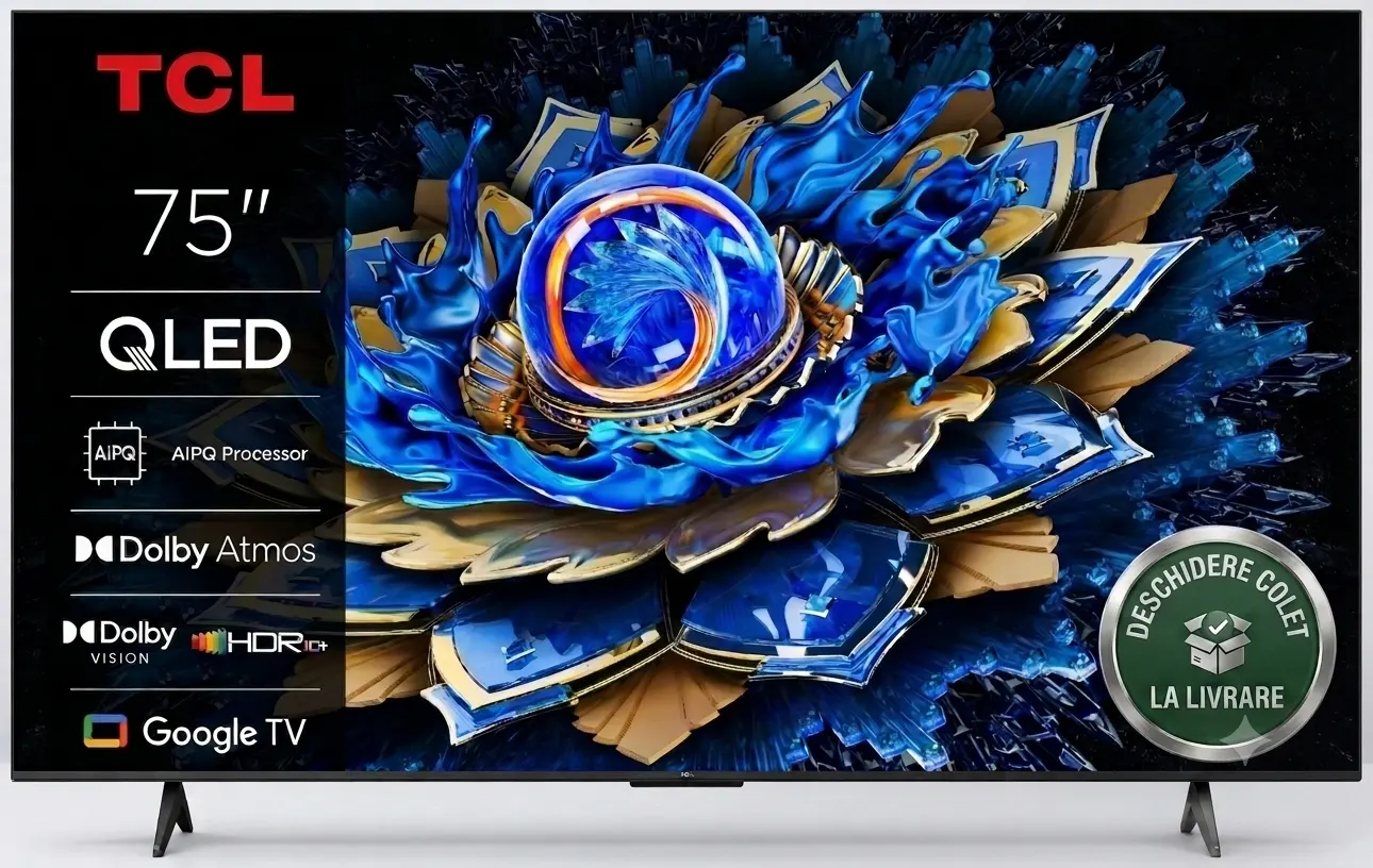 Televizor Smart QLED TCL 75T69C, 189 cm, Google TV, 4K Ultra HD, Clasa F, Negru