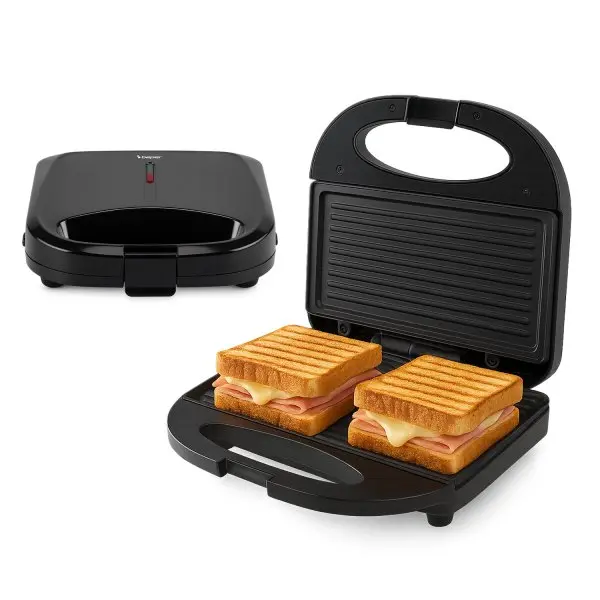 Sandwich maker Beper P101TOS011, 2 felii, placi antiaderente, 750 W, Negru